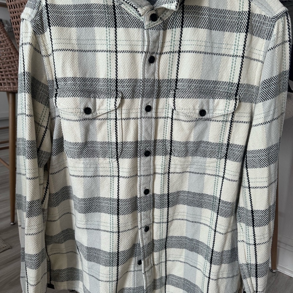 OuterKnown Black  and White and Blue Plaid Button-Up Flannel Shirt